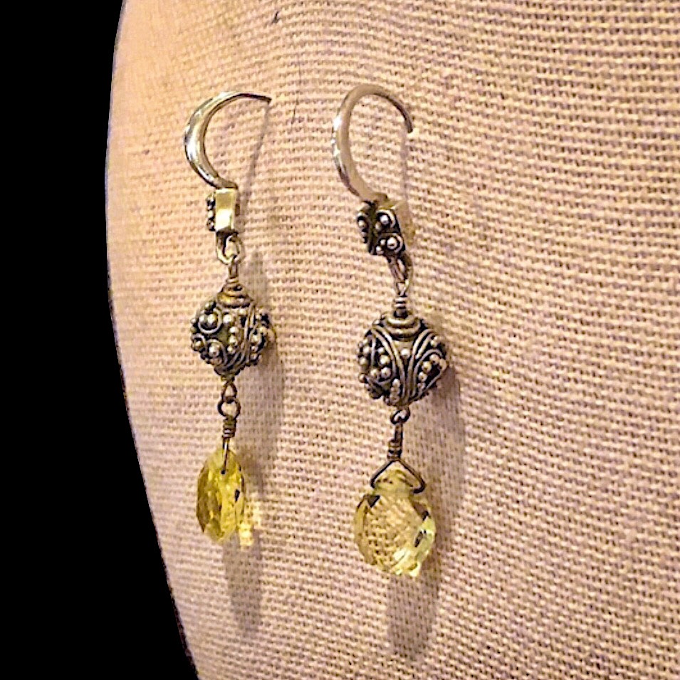 Lois Hill Faceted Lemon Quartz Sterling Silver Granulated Oxidized Drop Earrings